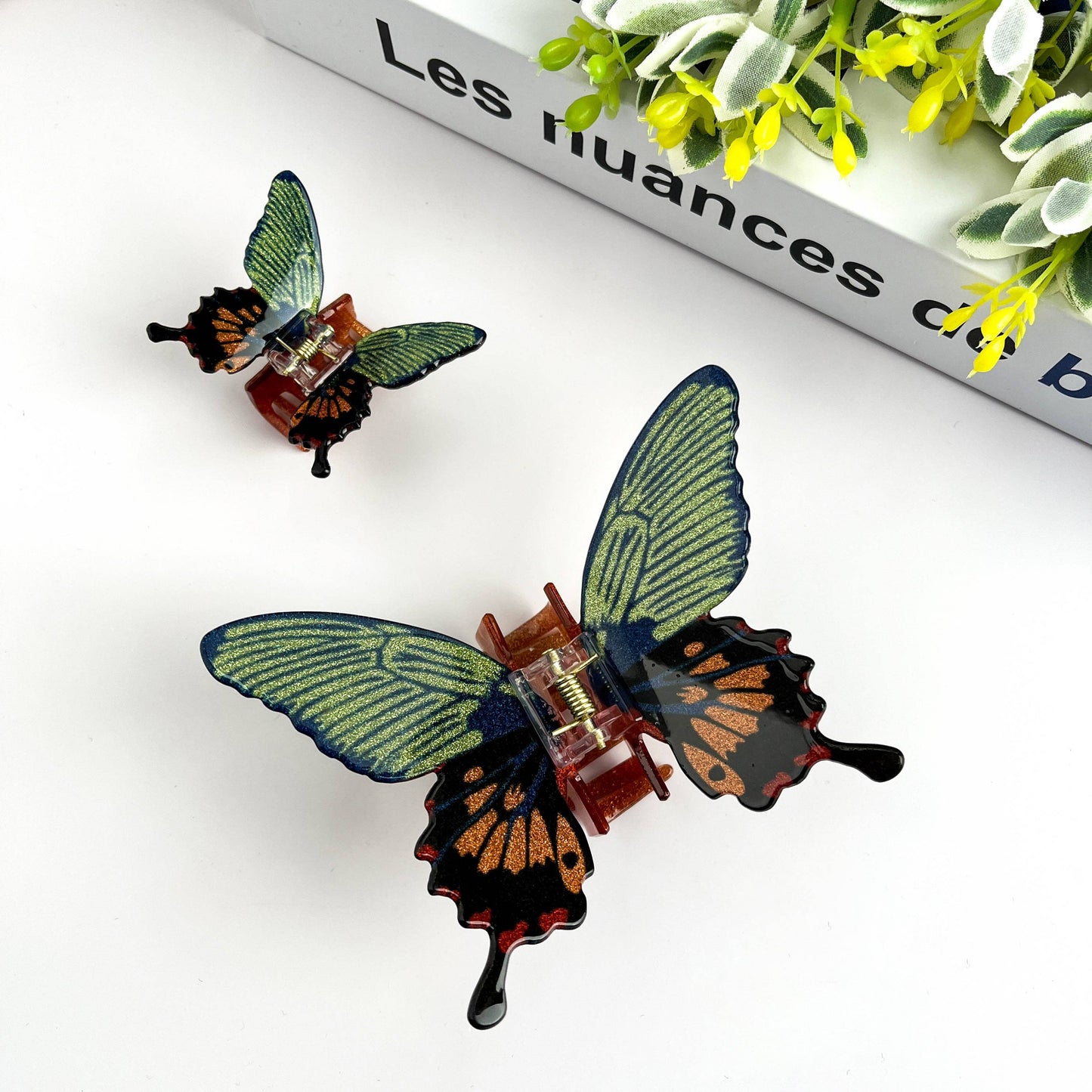 TheDivaSoap - Glitter Butterfly Hair Clip, Animal Hair Claw Set: Green / Large