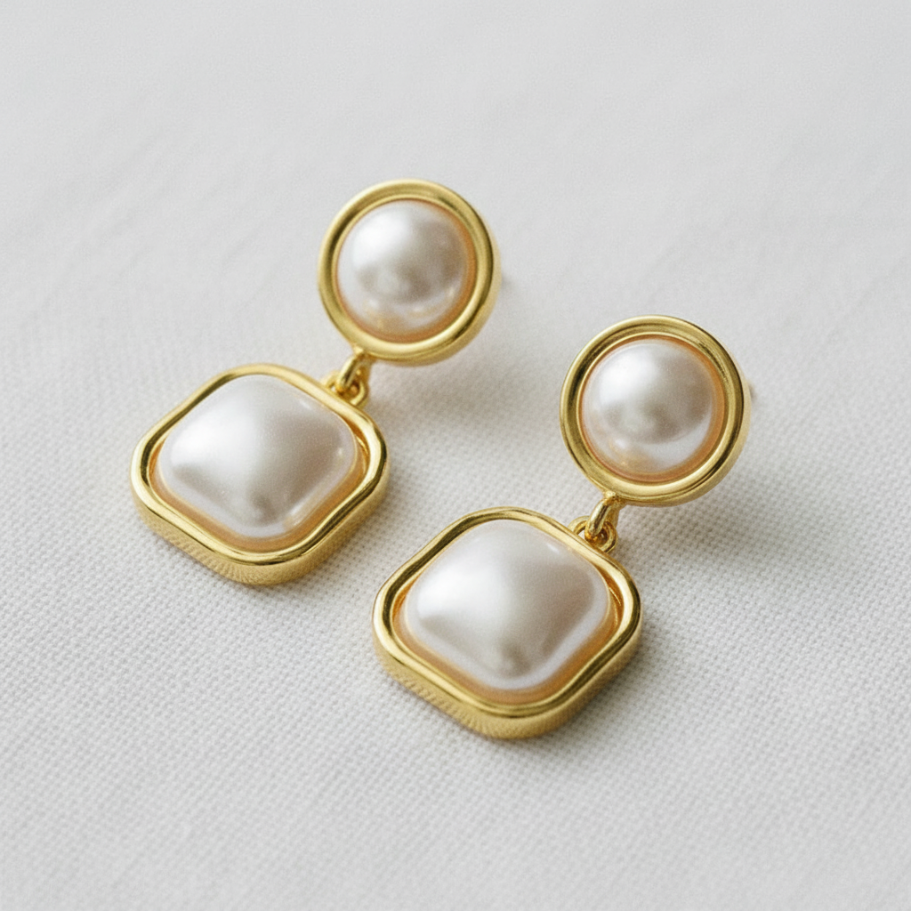 Ellemadera - Vintage Geometric Frame Pearl Stud Earrings