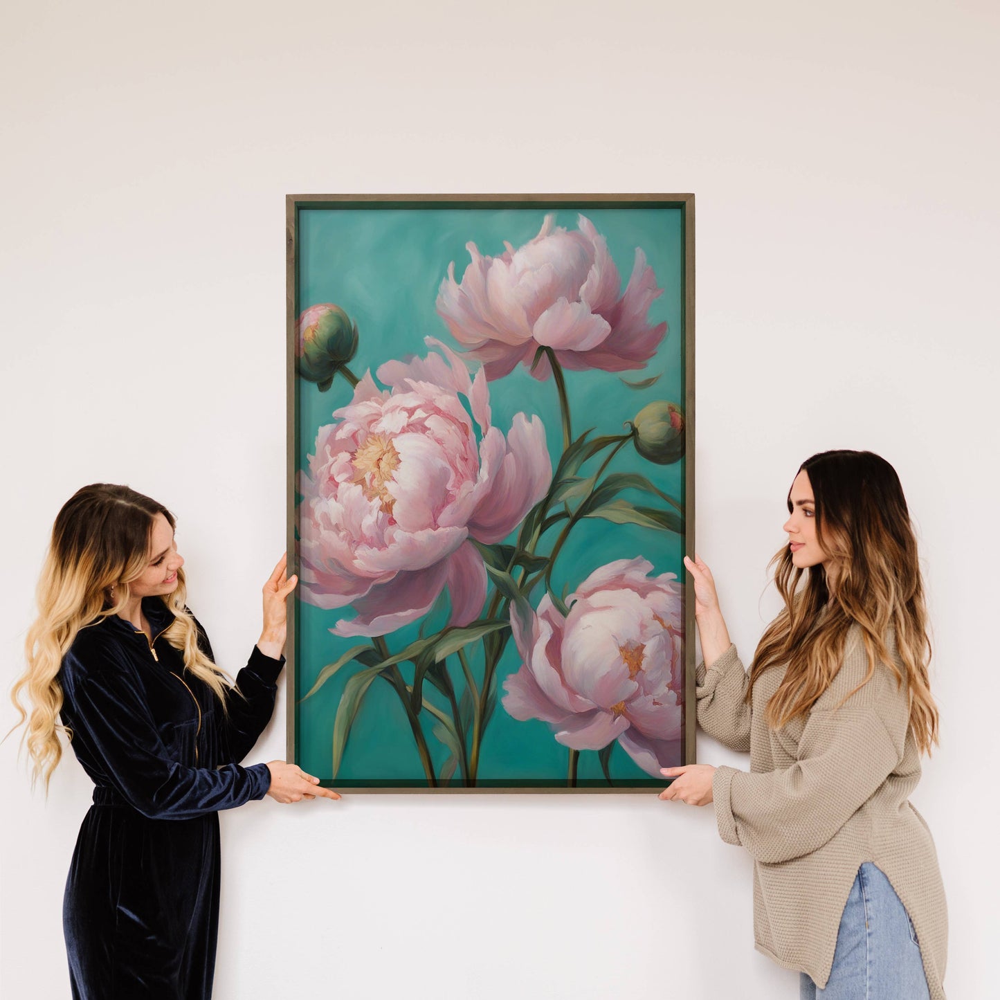 Hangout Home - Pink Teal Peonies - Bright Flower Canvas Art - Wood Framed: 24x36" Extra Large Canvas Art with Thick Wood Frame