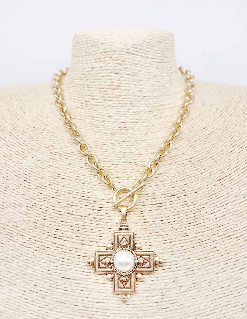 Pretty Persuasions - N25065 Large Faux Pearl Adorned Cross Pendant Necklace 18"+3: 01 WG