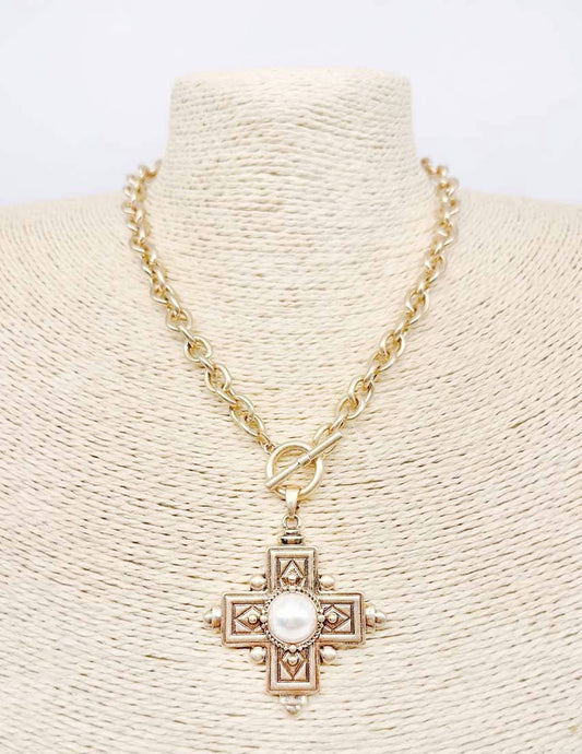 Pretty Persuasions - N25065 Large Faux Pearl Adorned Cross Pendant Necklace 18"+3: 01 WG