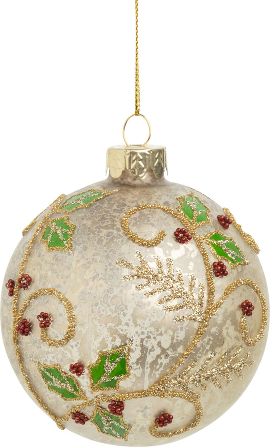 Silver Tree Home & Holiday - A14248-Gls ball orn,mat antq gld,glit swirl,holly&berry,3in