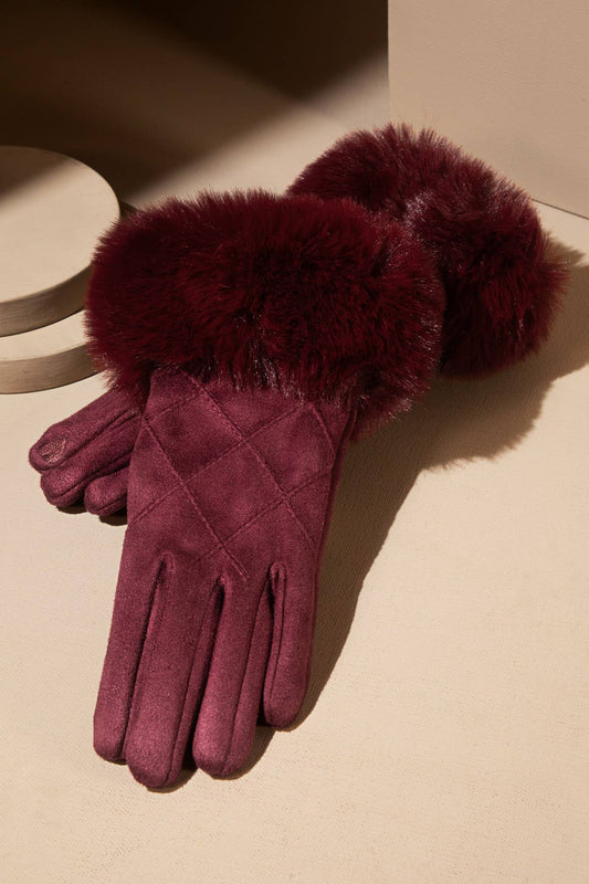 Shop Neighbors - Fluffy Faux Fur Smart Touch Suede Gloves : BURGUNDY