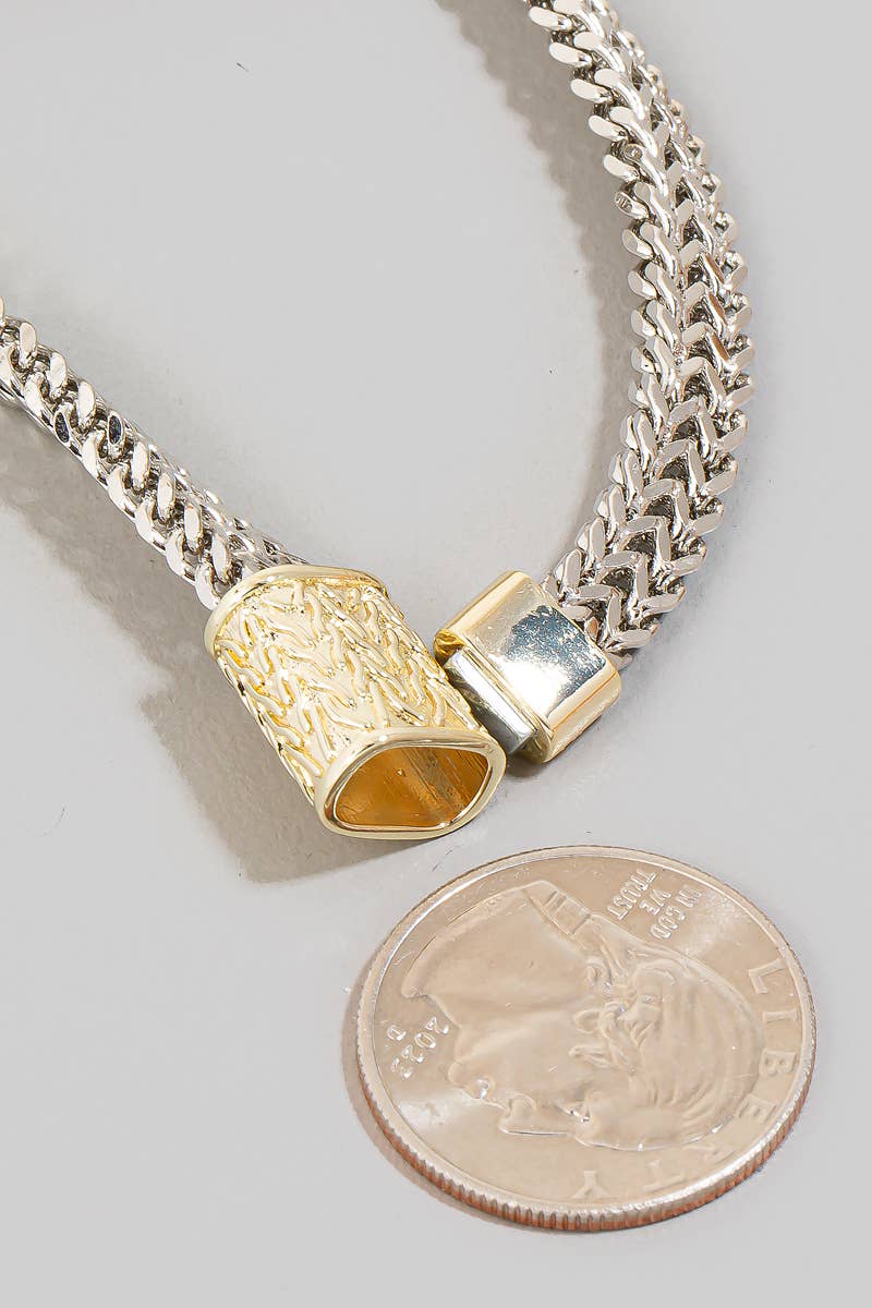 The Looks by Fame Accessories - Cz Pave Bar 2 Tone Layered Chains Magnetic Bracelet: T