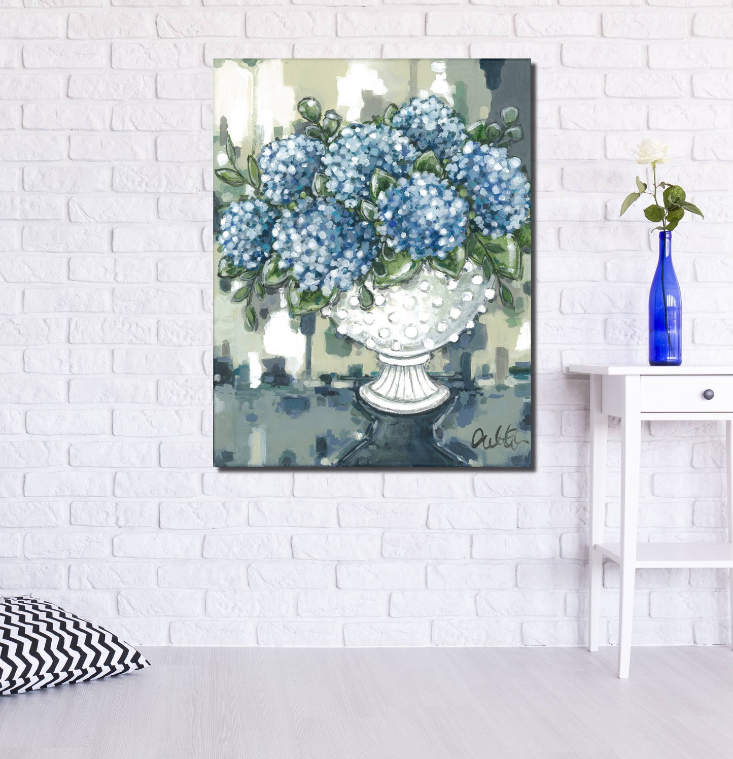 Rustic Nester - Floral home decor, Blue hydrangea canvas art print, wall: 16x20