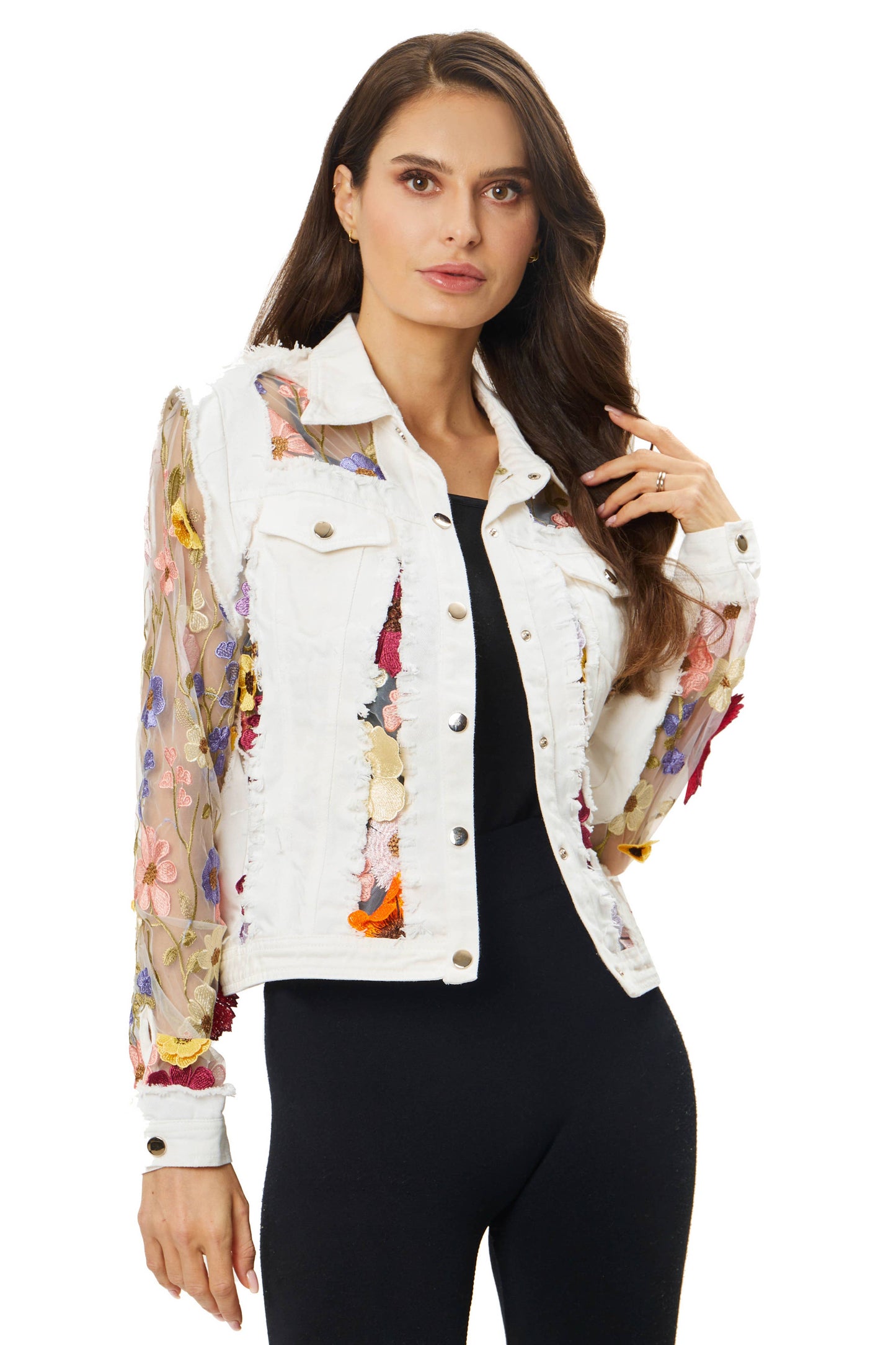 Adore - 2406W - White Denim Jacket with Floral Embroidery: S