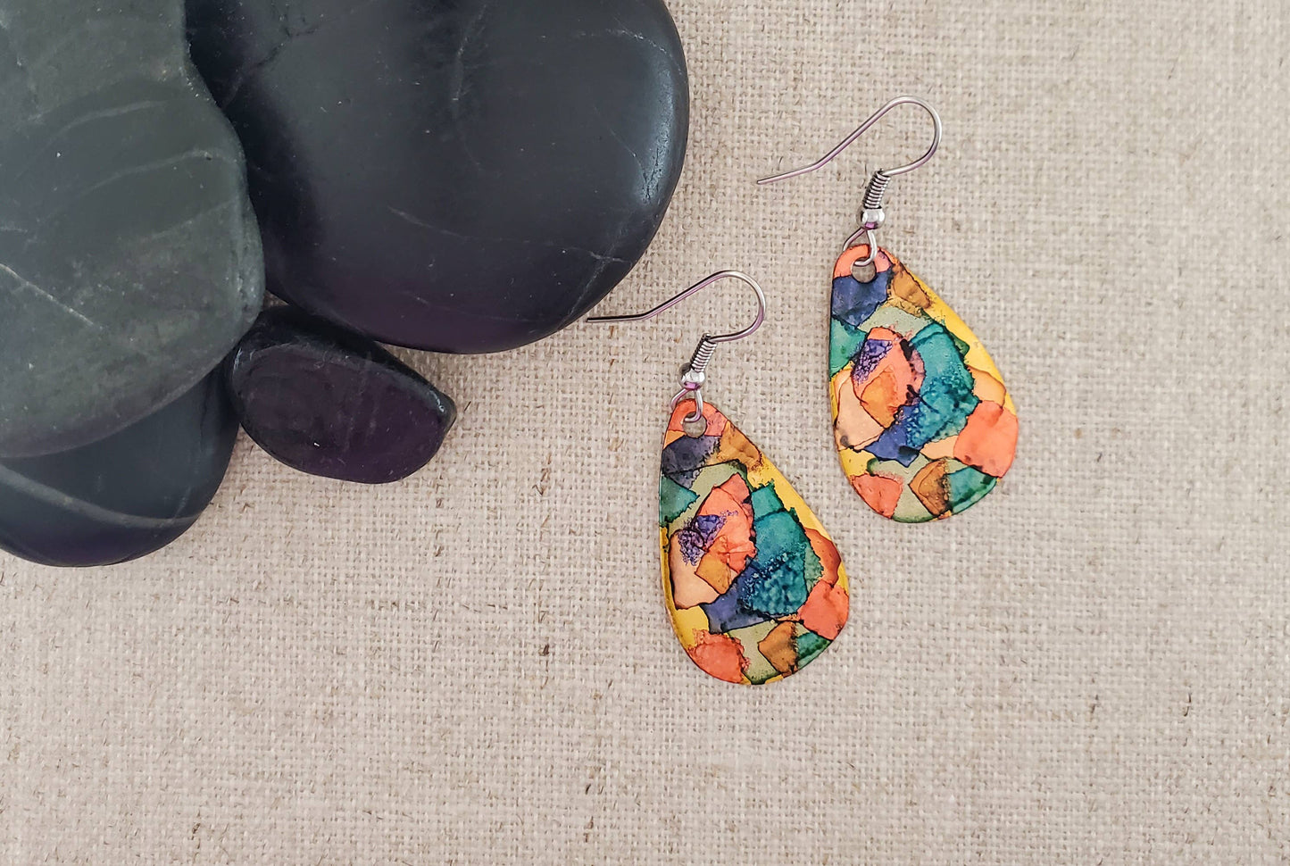 Covaly Artisan Jewelry - Alcohol Ink Small Teardrop Earrings: Blue/Browns