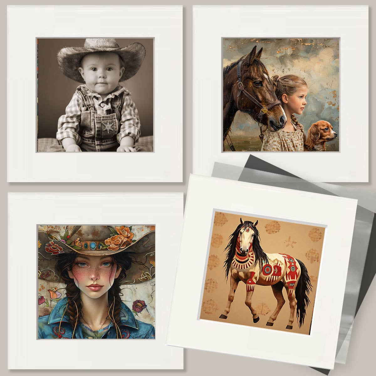 Mowbi - Three Amigos - Cowboy Cats - Wall Art Print - Coastal Cowgirl  8"x10" Artwork - 11"x14" Mat
