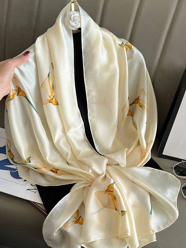 UZ Wholesale Store - Silk Imitation Flower Print Scarf: BEIGE / One_size
