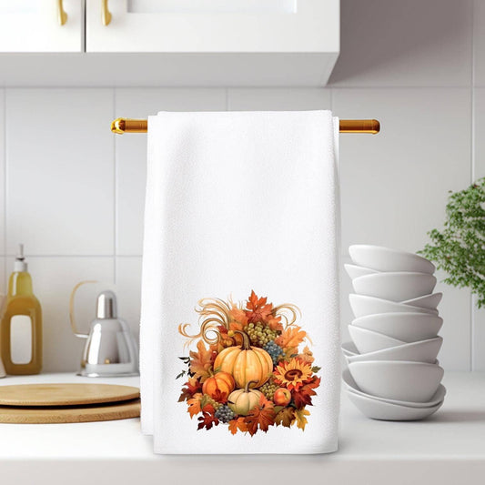 Fernville Creations - Autumn Pumpkin & Flowers Luxury Hand Towel for Kitchen/Bath