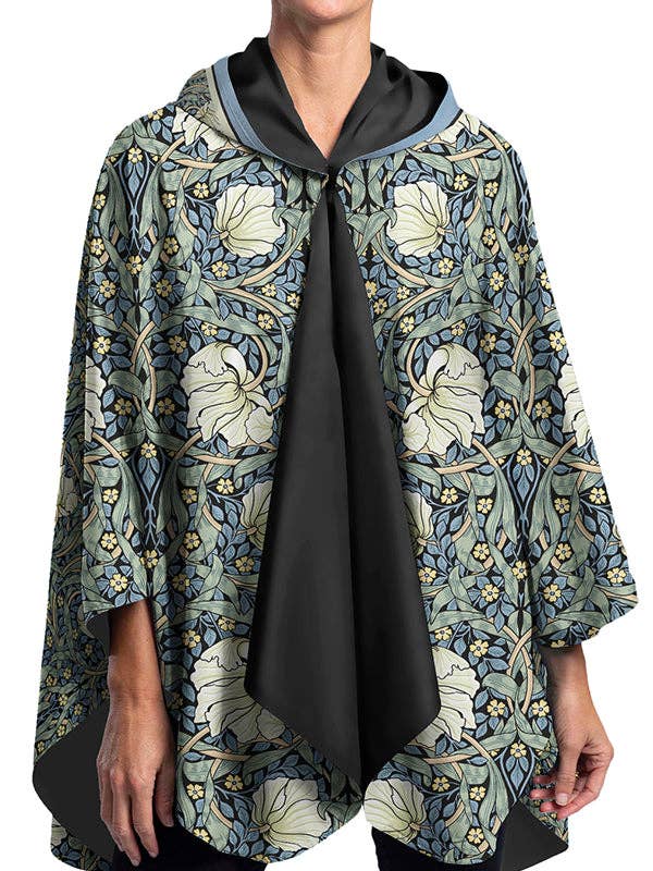 RainCaper - William Morris Pimpernel & Black Reversible Rain Cape Poncho – Hooded Womens Wrap