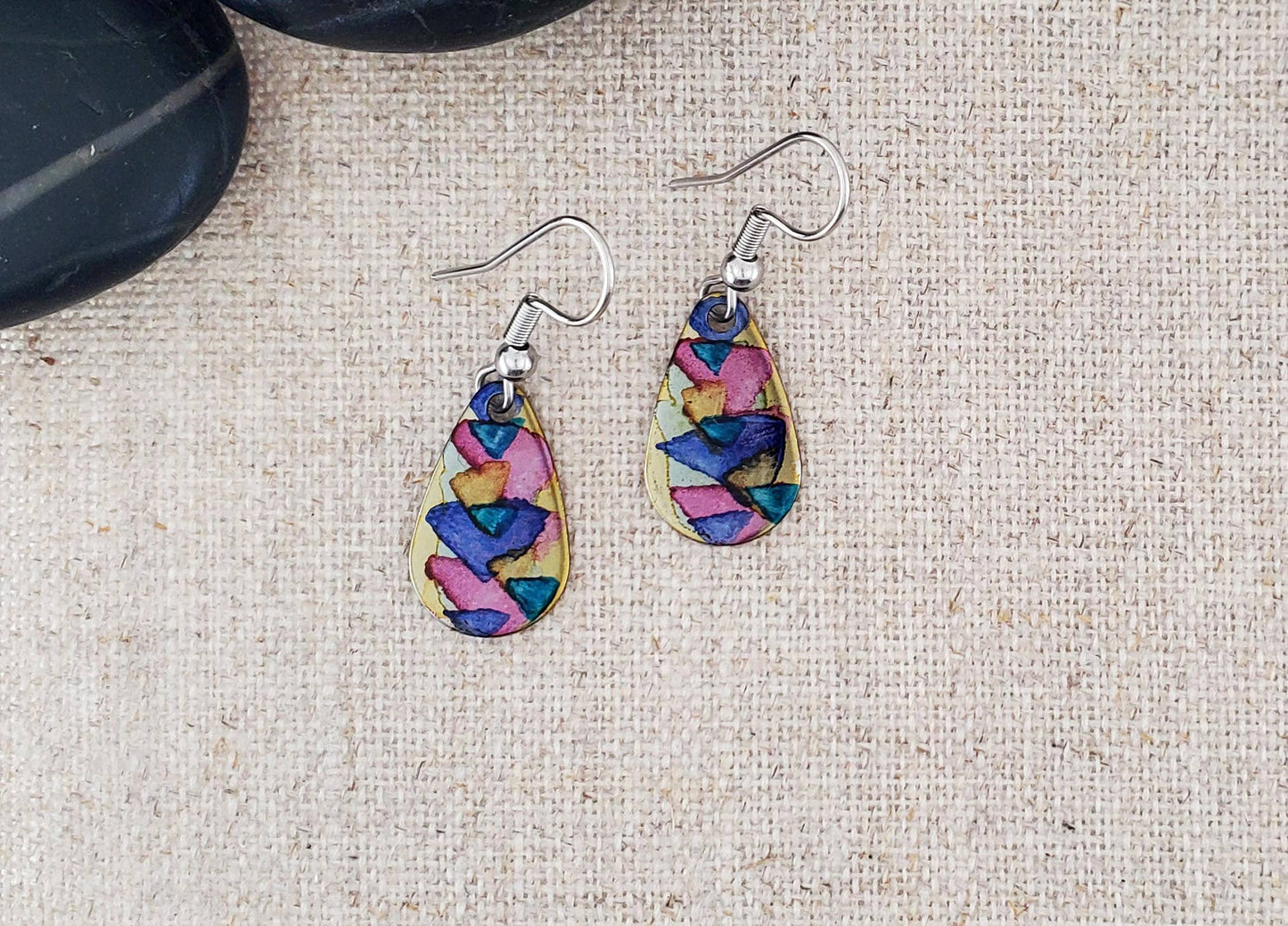 Covaly Artisan Jewelry - Alcohol Ink Stainless Steel Small Teardrop Earrings: Reds