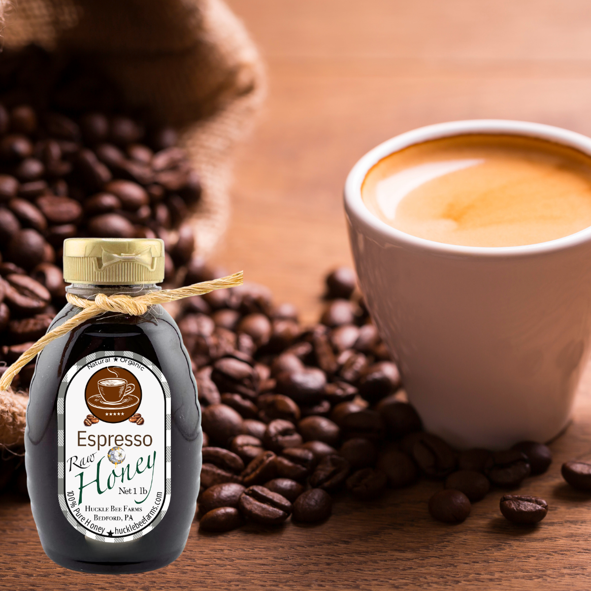 Huckle Bee Farms LLC - Espresso Infused Raw Honey: 1 lb Bottle