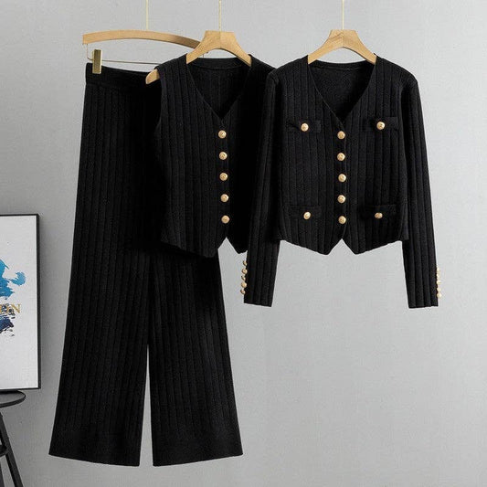 UZ Wholesale Store - Knitted Vest And Wide Leg Pants Set In Solid Color: BLACK / One_size