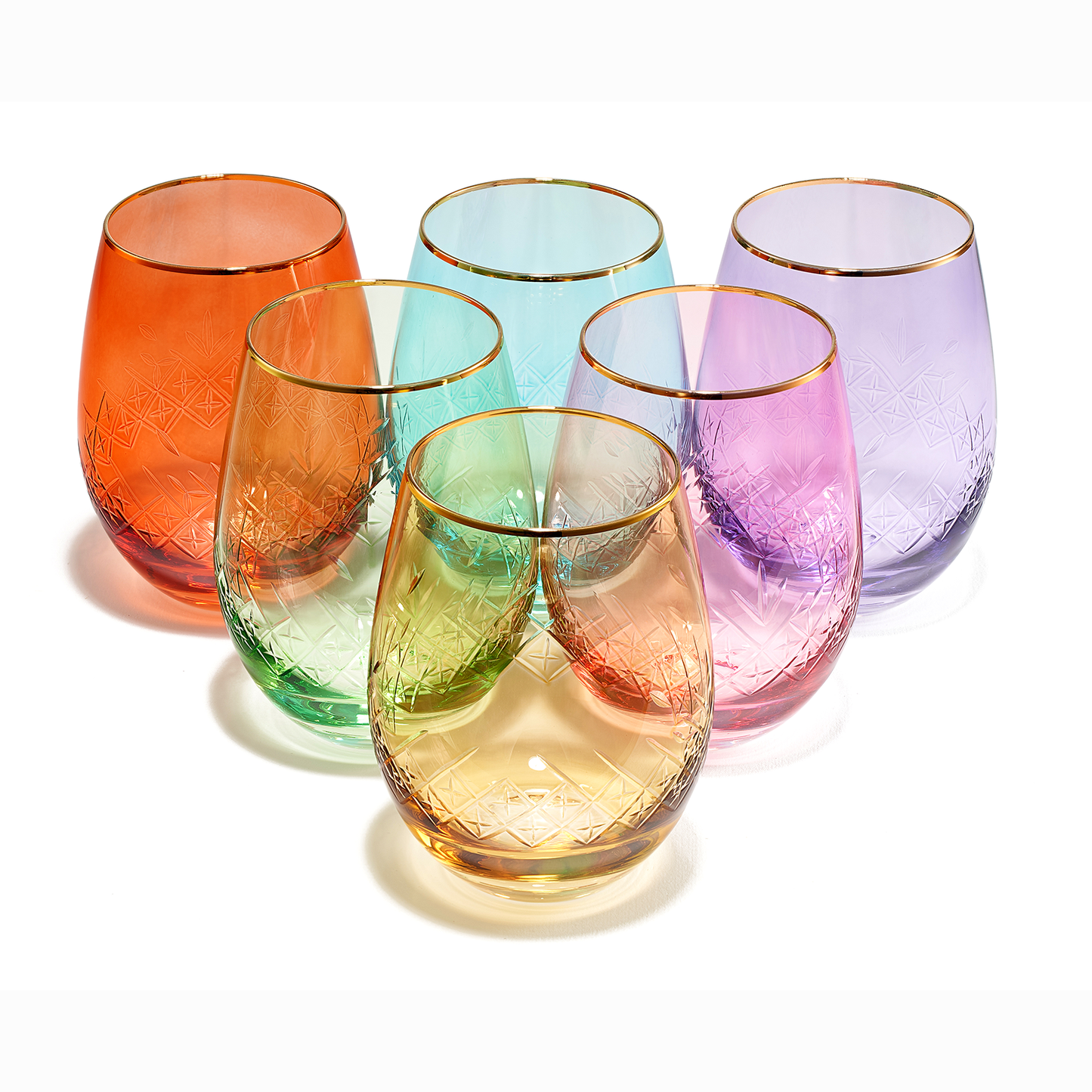 The Wine Savant /  Khen Glassware - Art Deco Colored Crystal Stemless Wine Glass Set of 6, 15 oz