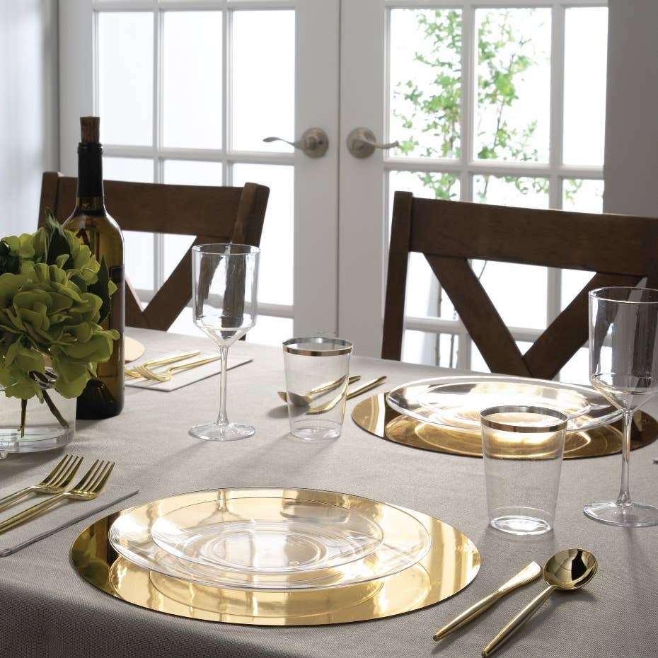 Luxe Party - Round Clear • Gold Plastic Plates | 10 Pack: 10 Plastic Pates / 10.25" Dinner Plates