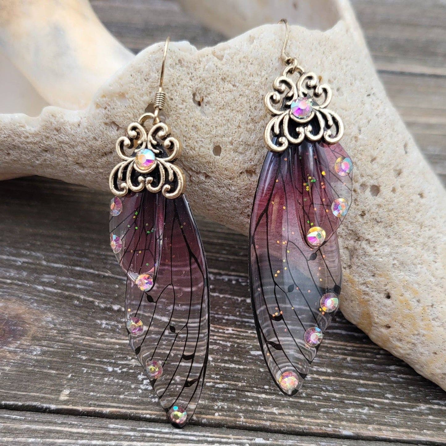 BESHEEK JEWELRY - Clear, Pink & Purple with gold flecks Butterfly Wing Earring: Title