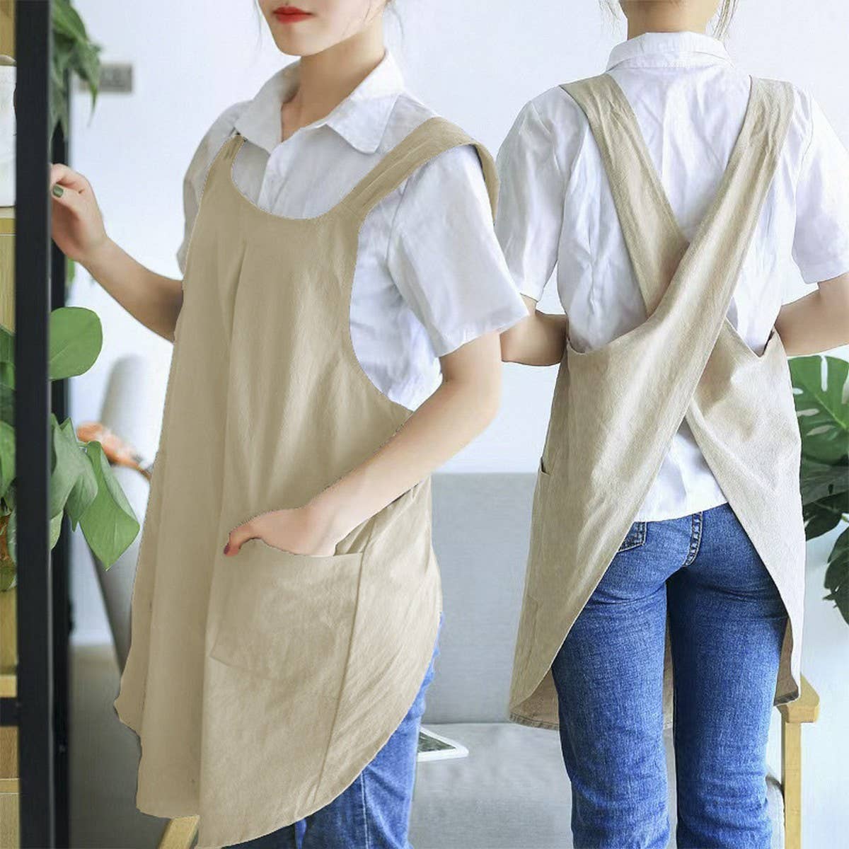NINEXIS - CWAB3993_COTTON AND LINEN SOLID COLOR TIE-FREE WORK APRON: KHAKI / (OS) 1