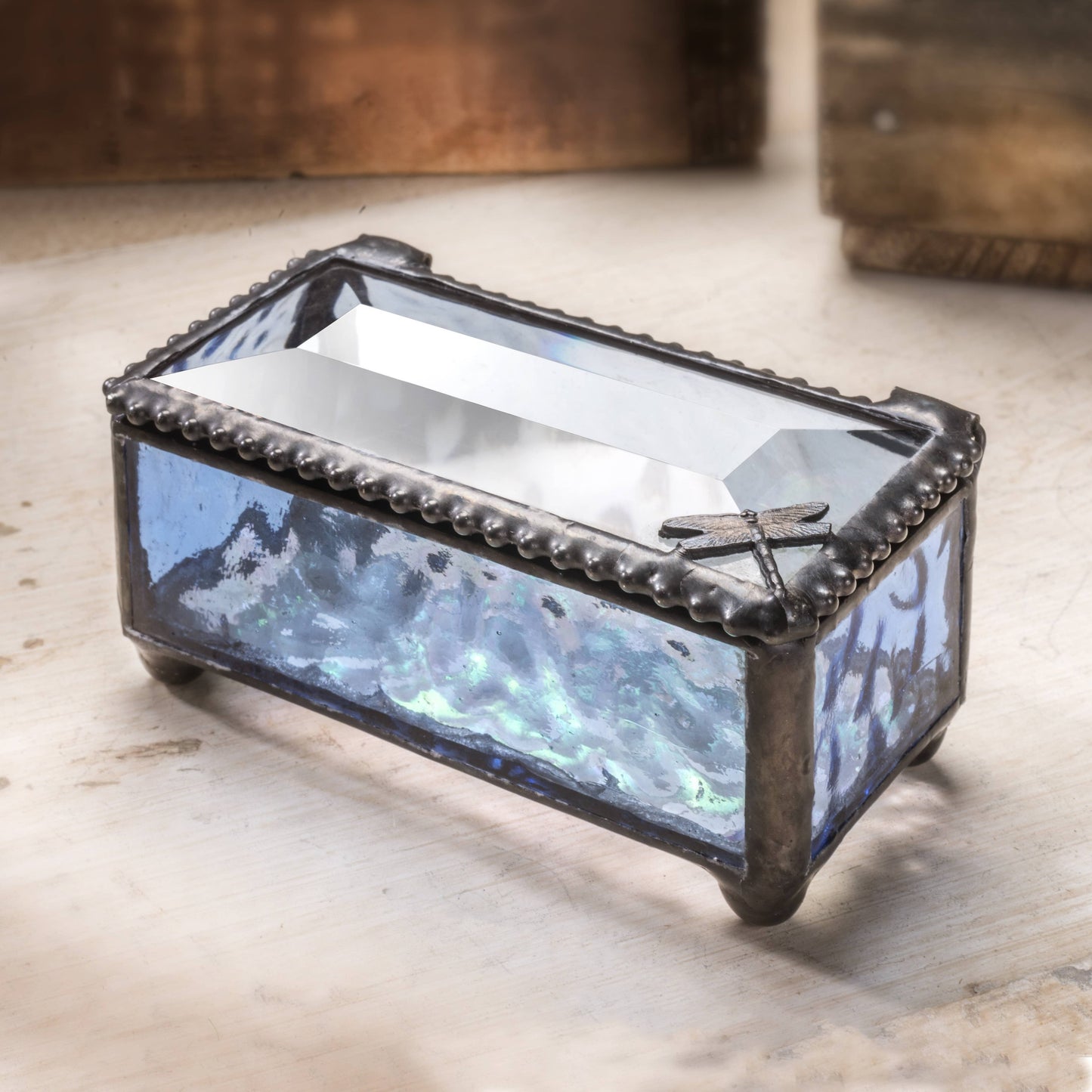 J Devlin Glass Art & Bert Anderson Collection - Blue Glass Box with Dragonfly Filigree - Box 923