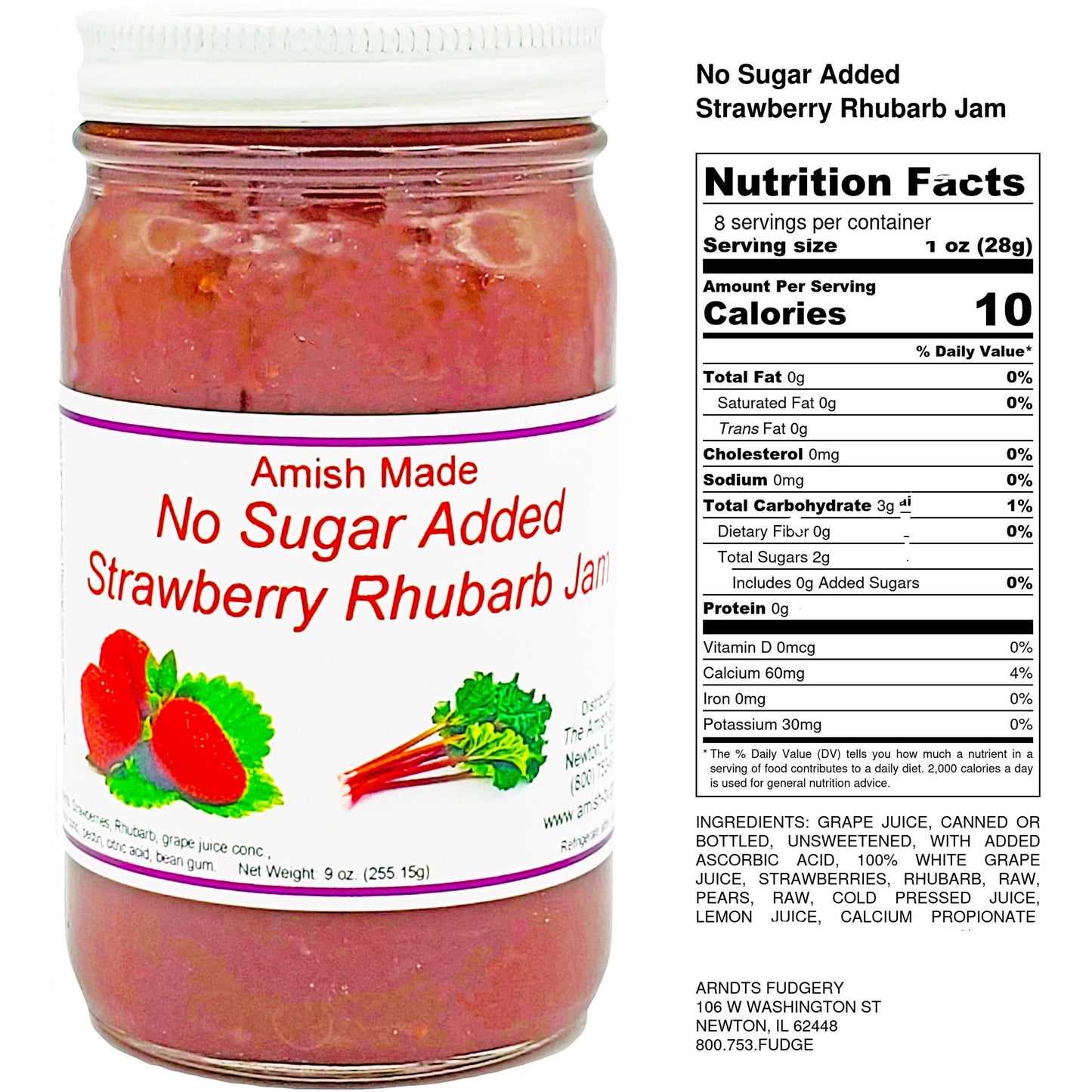 Arndt's Fudgery LLC - Amish Made No Sugar Added Jams 8 oz.: NSA Strawberry Rhubarb
