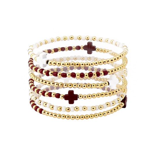 What's Hot - Gameday Set of 6 Maroon and White Beaded Stretch Bracelets, Very Popular!