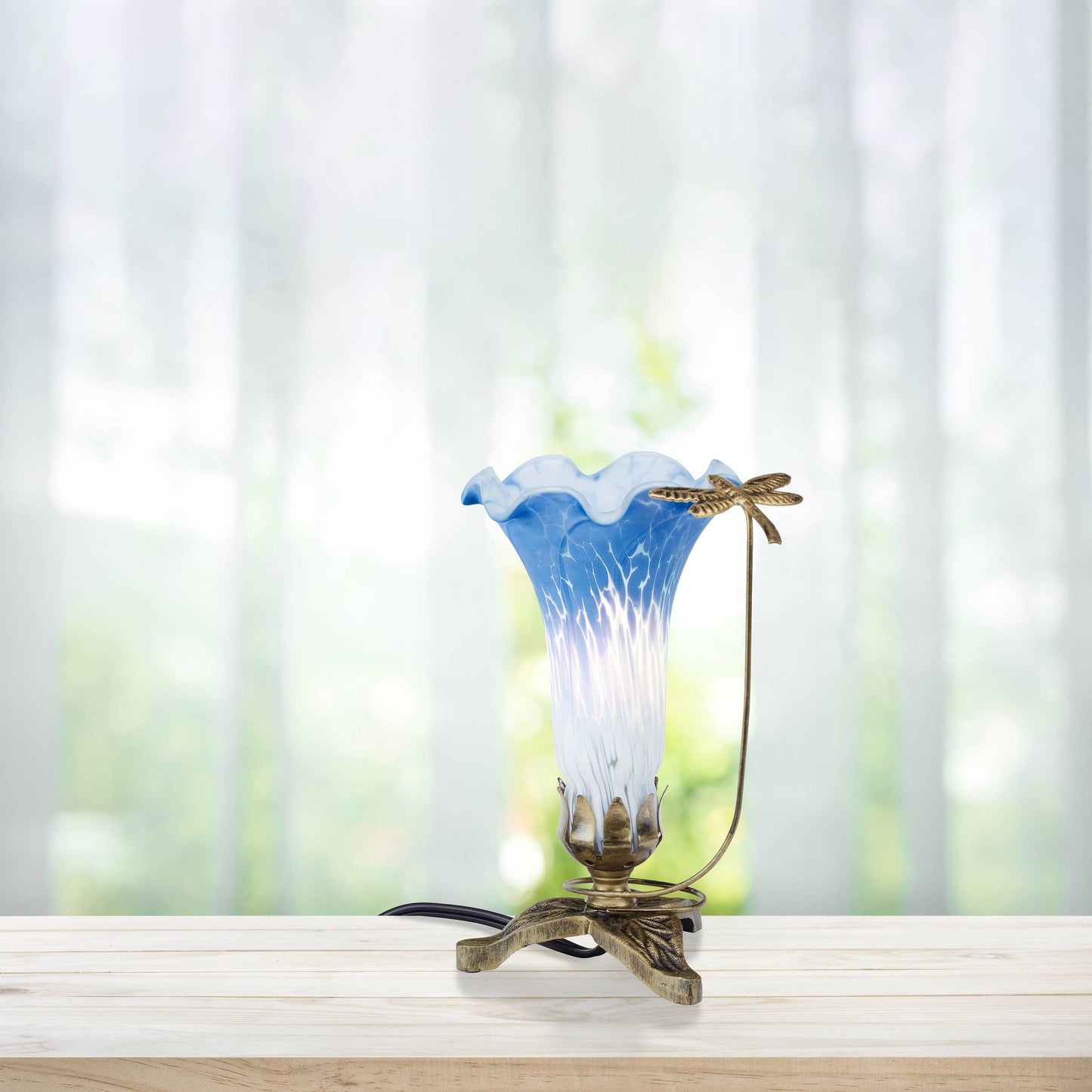 River of Goods - 9"H Blue & White Handpainted Glass Dragonfly Lily Lamp