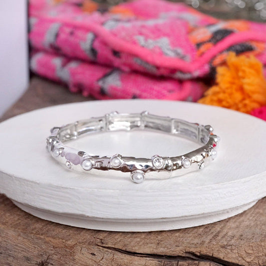 PennyLine inc - Stretchy Stackable Bangle Pearls and Rhinestones Gold or Silver Tone: Pearls and Crystals - Silver Tone