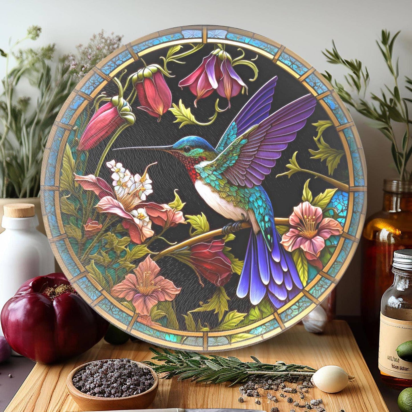 Fernville Creations - Hummingbird Tempered Glass Cutting & Charcuterie Board: 12 Inch