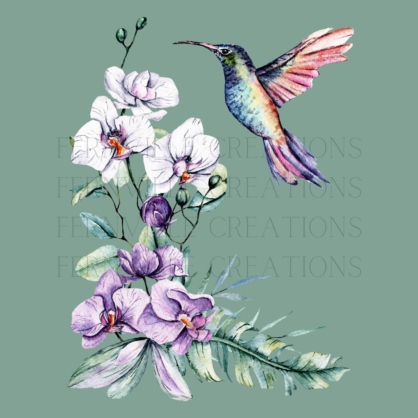 Fernville Creations - Hummingbird & Orchid Floral Finger Towel for Powder Room