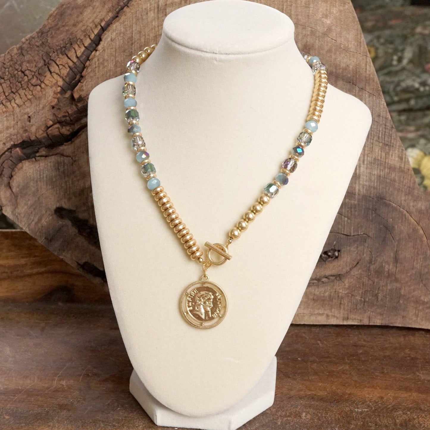 PennyLine inc - Front Toggle Coin Beaded Necklace With Glass and Golden Beads: Neutral