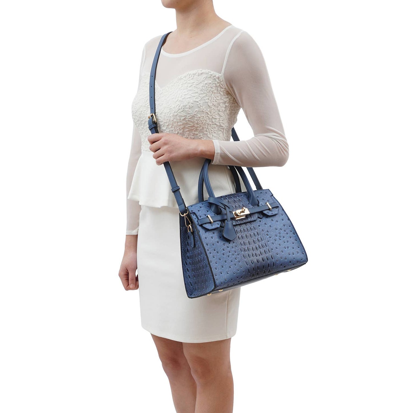Mellow World - Virginia Ostrich Embossed Satchel: Navy