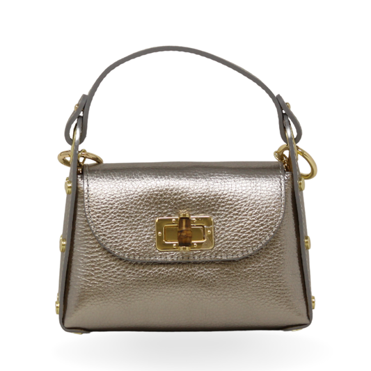 German Fuentes Handbags - GF1075 GENUINE ITALIAN LEATHER  BAMBOO CLASP, CROSSBODY BAG: PEWTER