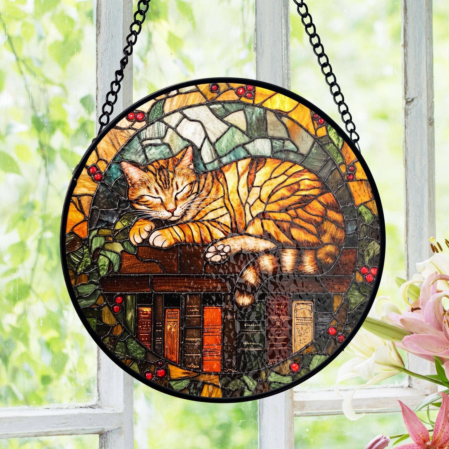 NVC Ecommerce LLC - Sleeping Cat On Books Stained Glass Suncatcher, Book Lover : 11.8in