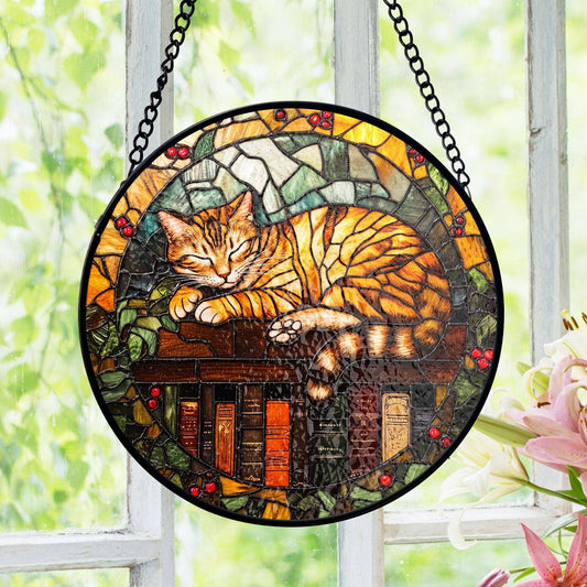 NVC Ecommerce LLC - Sleeping Cat On Books Stained Glass Suncatcher, Book Lover : 11.8in