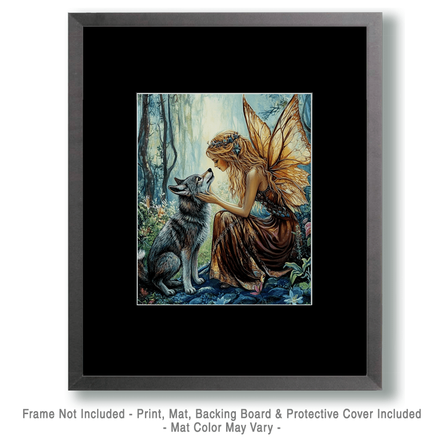 Mowbi - Fairy with Her Young Wolf - Fairies Wall Art Prints – 8″x10″ Artwork for 11″x14″ Frame