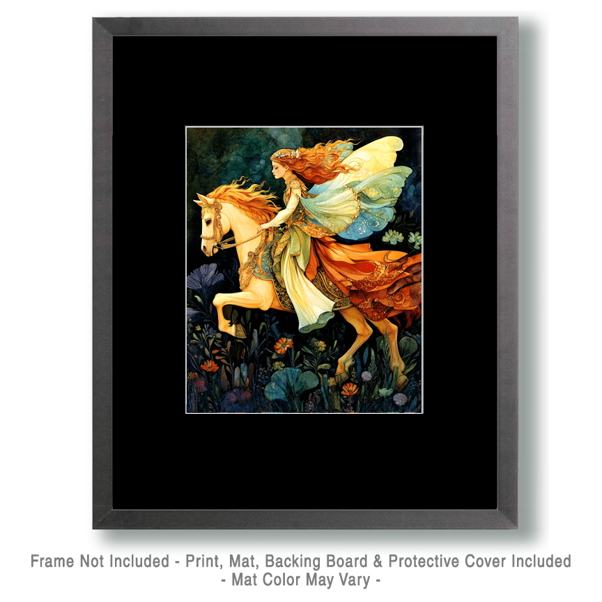 Mowbi - Fairy on White Stallion - Fairies Wall Art Prints – 8″x10″ Artwork for 11″x14″ Frame