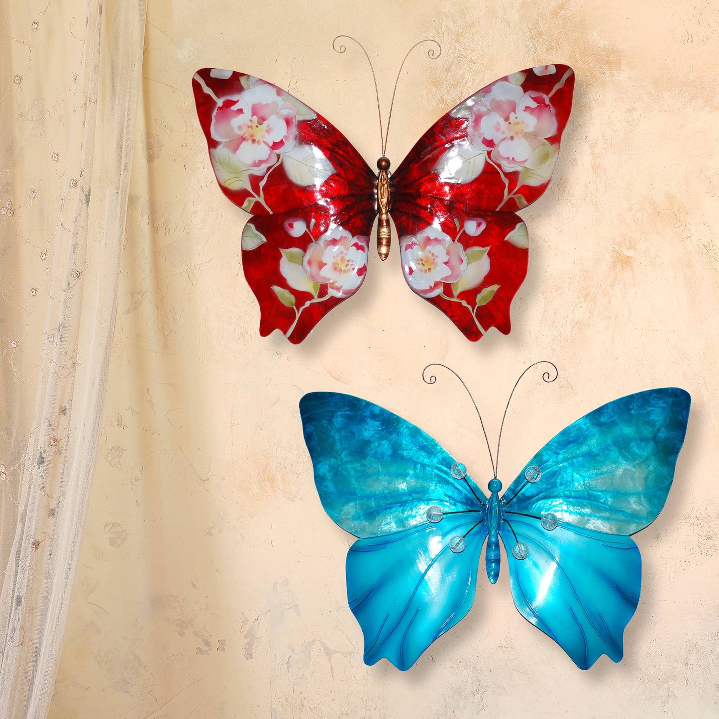 Eangee Home Design - Butterfly Wall Decor Red With Flowers, w/ Capiz-Outdoor Safe