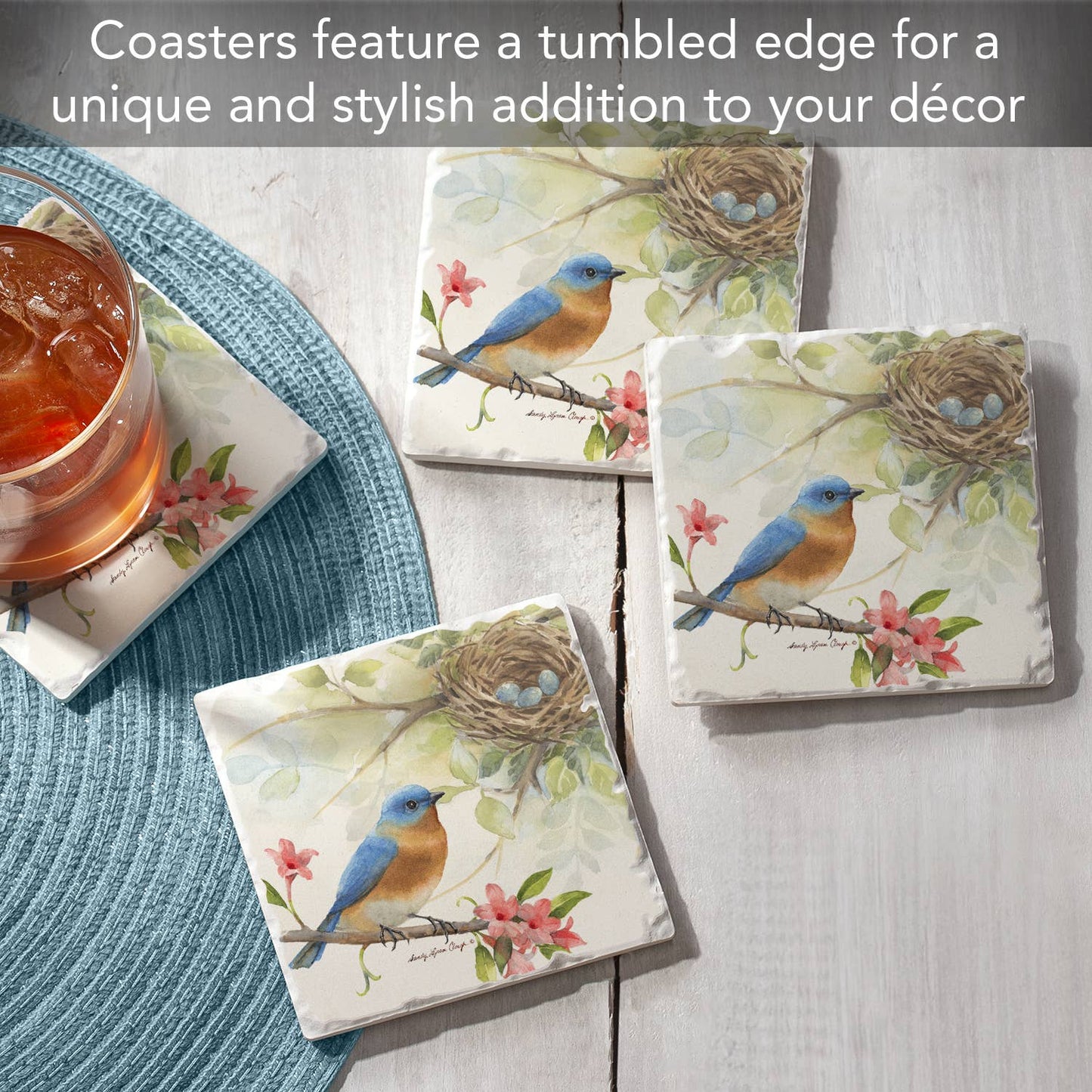 CounterArt/Highland Home/Thirstystone - Birdsong-Bluebird Absorbent Tumbled Tile Coaster 4pk