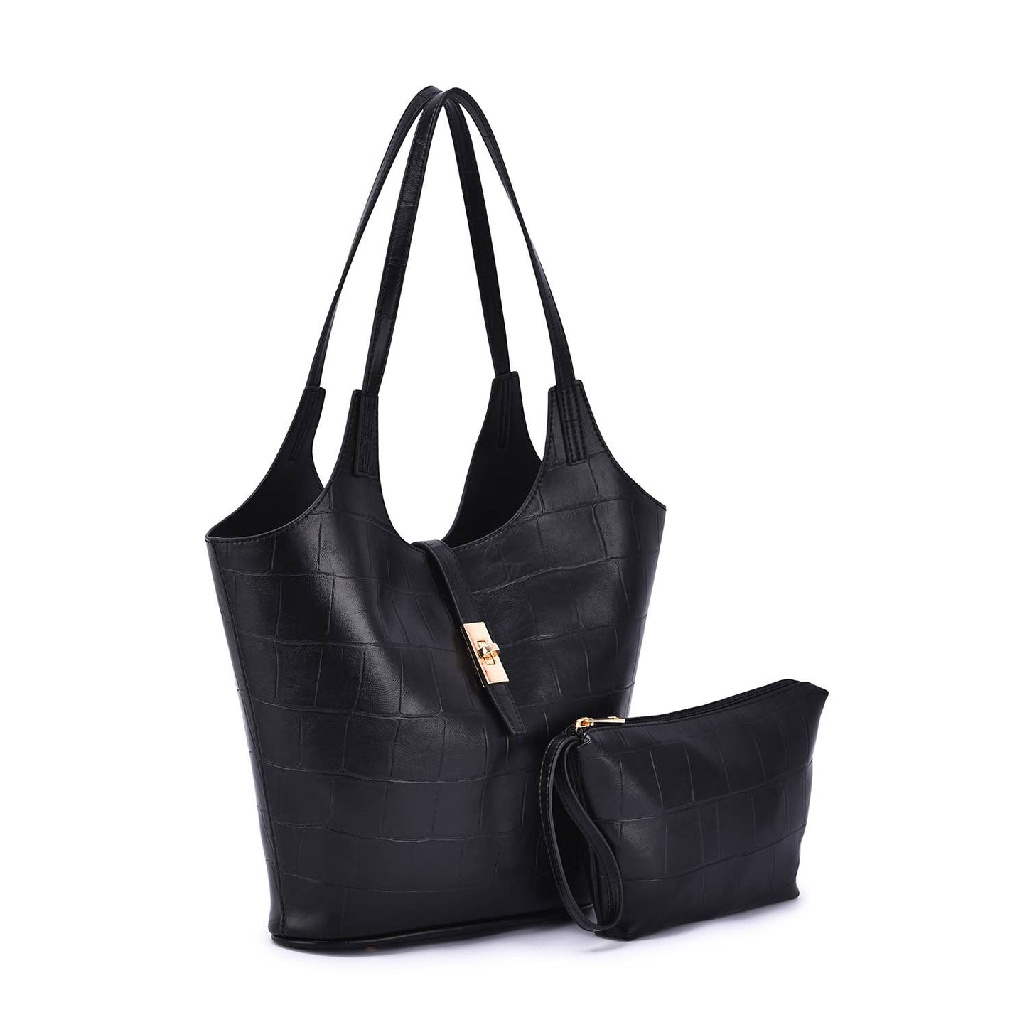 Mellow World - Clio 2-in-1 Croc Embossed Tote: Black