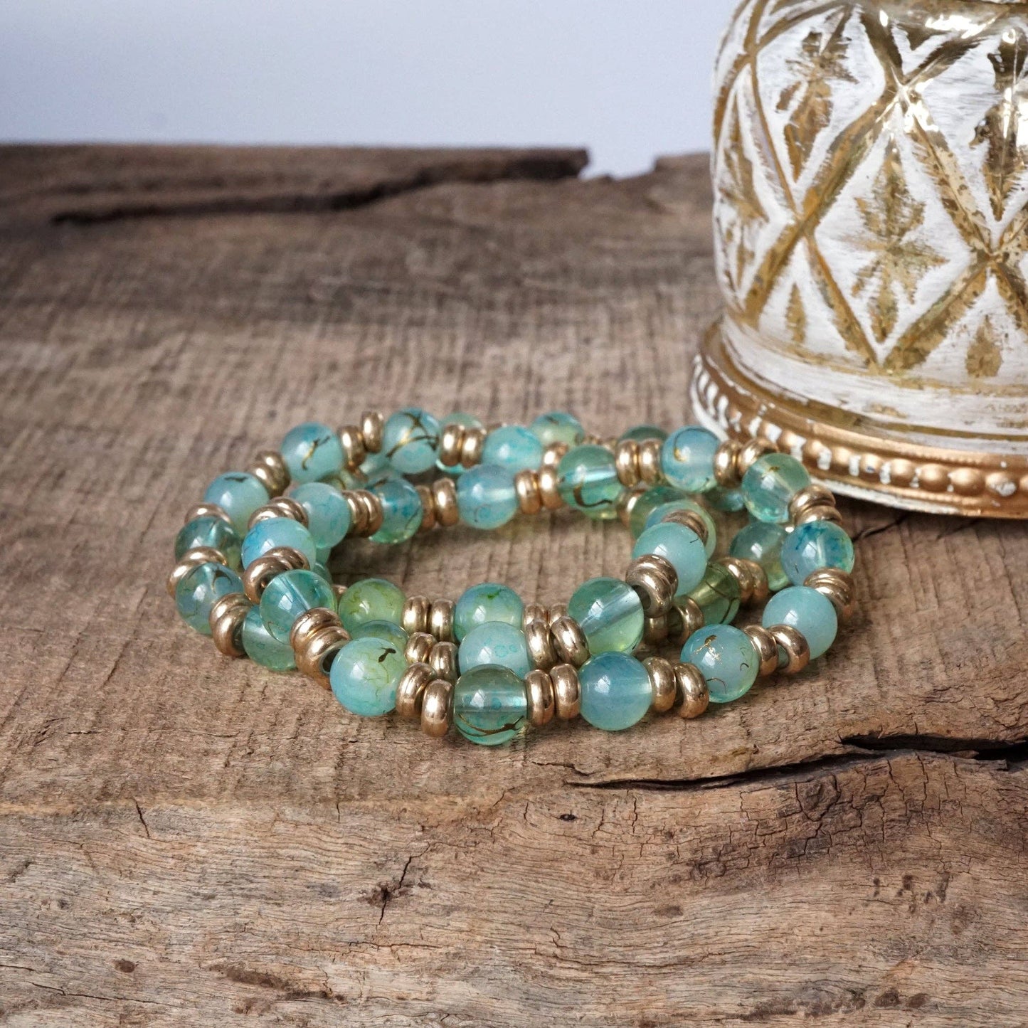 PennyLine inc - Glass Beaded Bracelet Stack with Worn Gold Accents – Green, Cream, or Gray: Cream