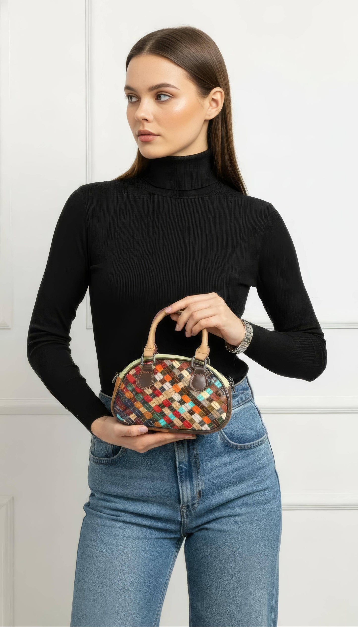 Handbag Express - Genuine Leather Woven  Petite Hand Tote: Multi