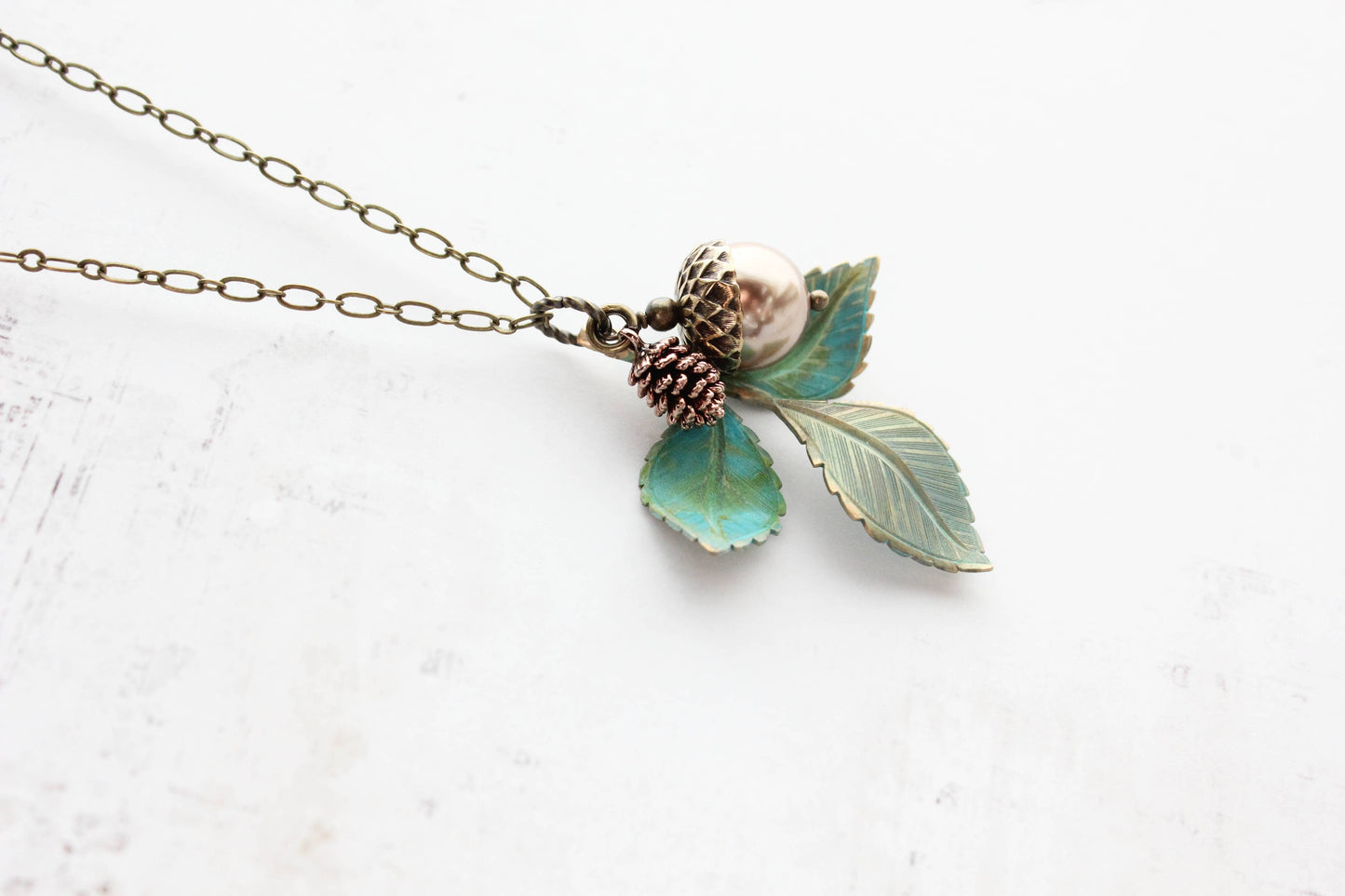 A Pocket of Posies - Charm Necklace - Verdigris Patina Branch: 18 inches / 3. Ivory Cream