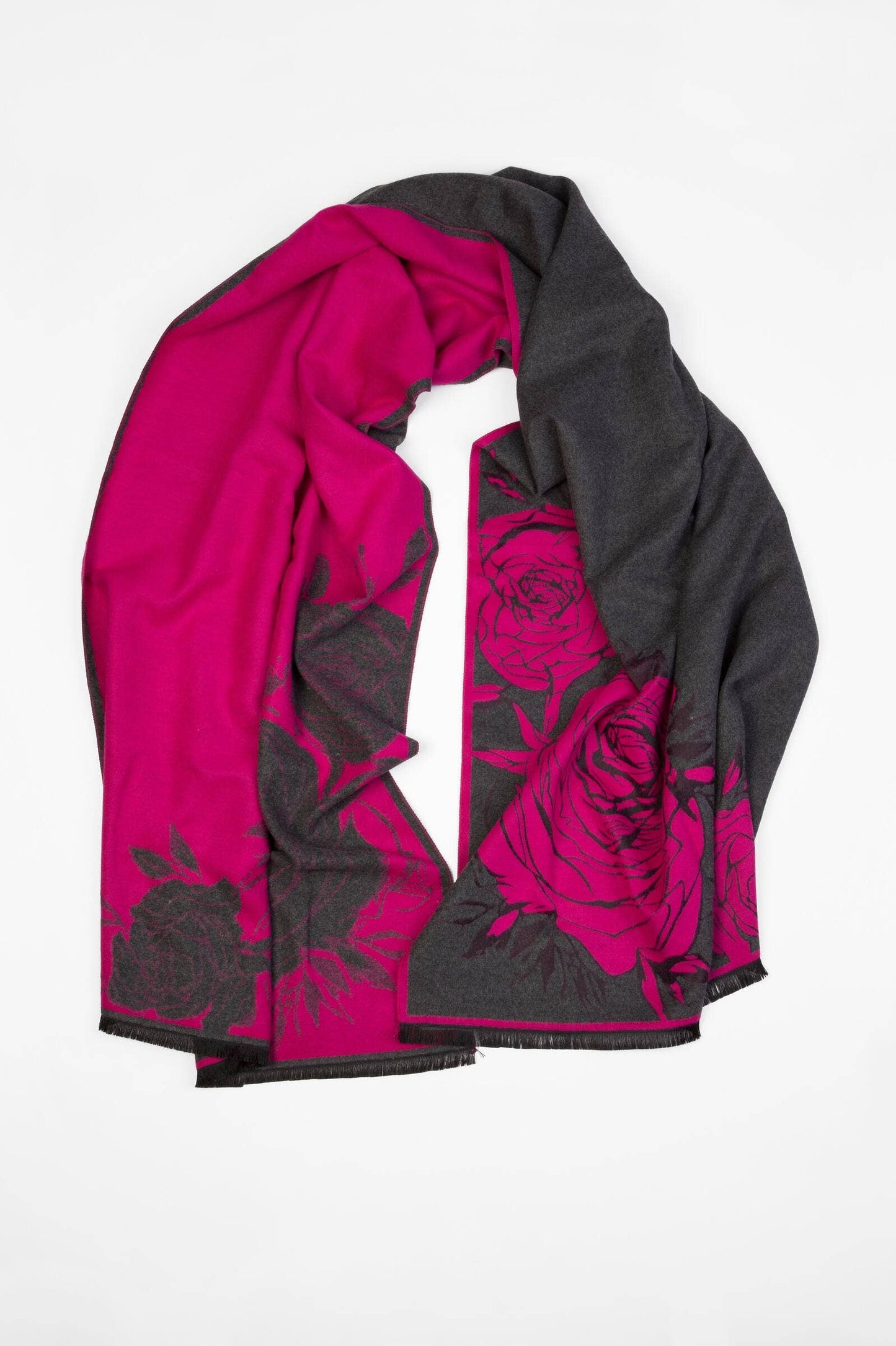 SAACHI - Fiore Reversible Rose Pattern Scarf: Grey/Pink