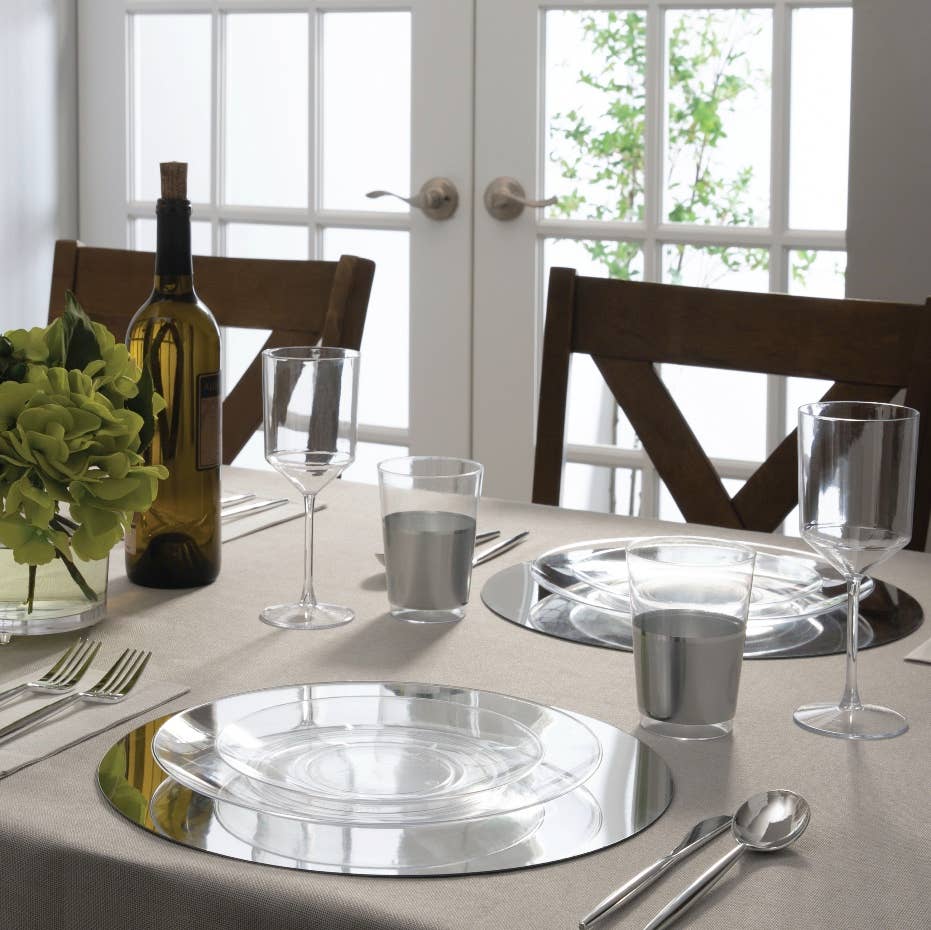 Luxe Party - Clear • Silver Round Plastic Plates | 10 Pack: 10 Plastic Plates / 10.25" Dinner Plates