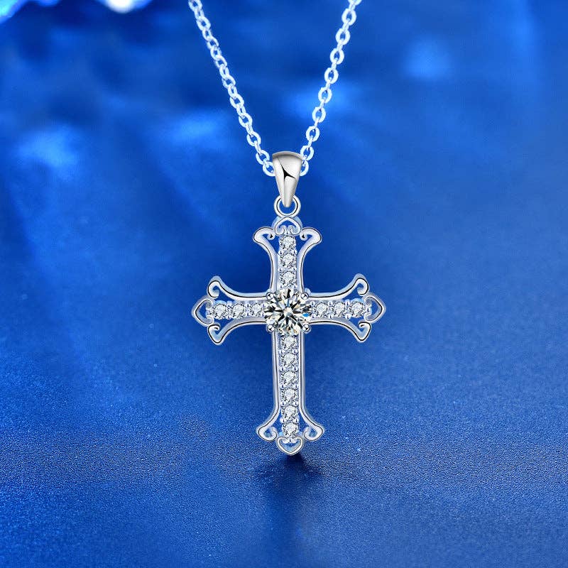 Perimade & Co. LLC - Moissanite Cross Pendant Necklace in 925 Sterling Silver: 0.5 ct / 45 cm chain