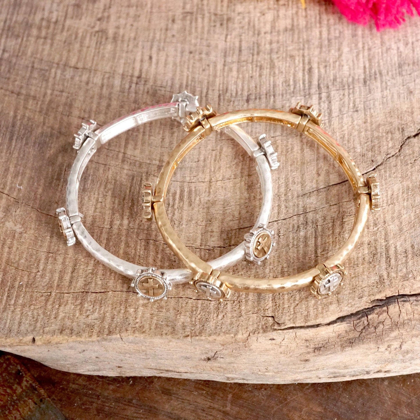 PennyLine inc - Cross Coin Bangle in Worn Silver or Gold Tone: Gold Tone