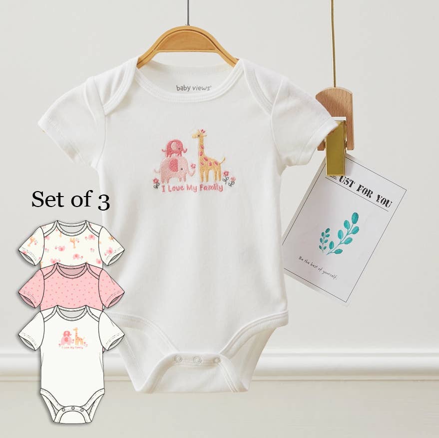 Lollipop Dreams - Pack of 3 Baby Girls Giraffe & Elephant Pattern Bodysuits: 3-6M