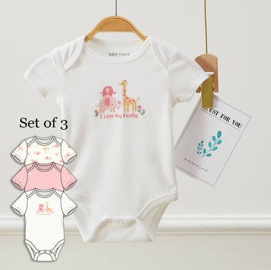 Lollipop Dreams - Pack of 3 Baby Girls Giraffe & Elephant Pattern Bodysuits: 3-6M