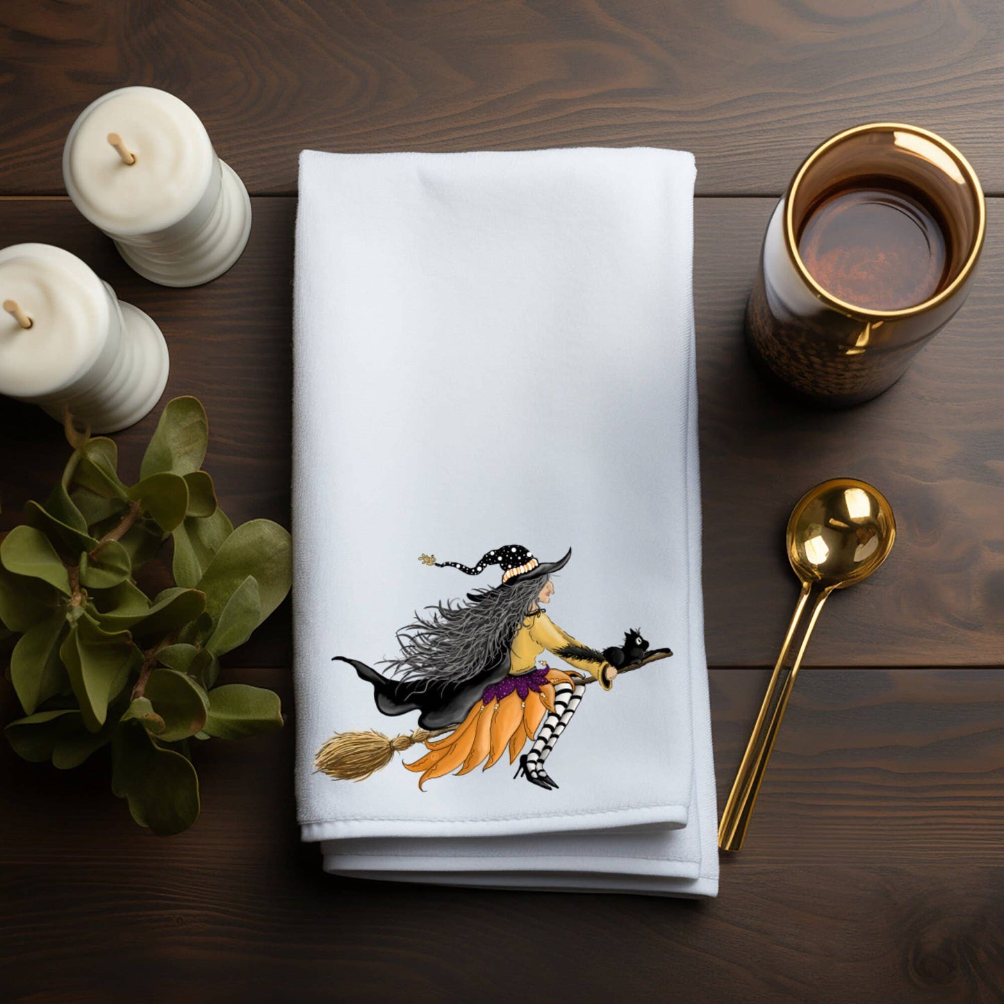 Fernville Creations - Halloween Witch & Broom Hand Tea Towel for Home Decor