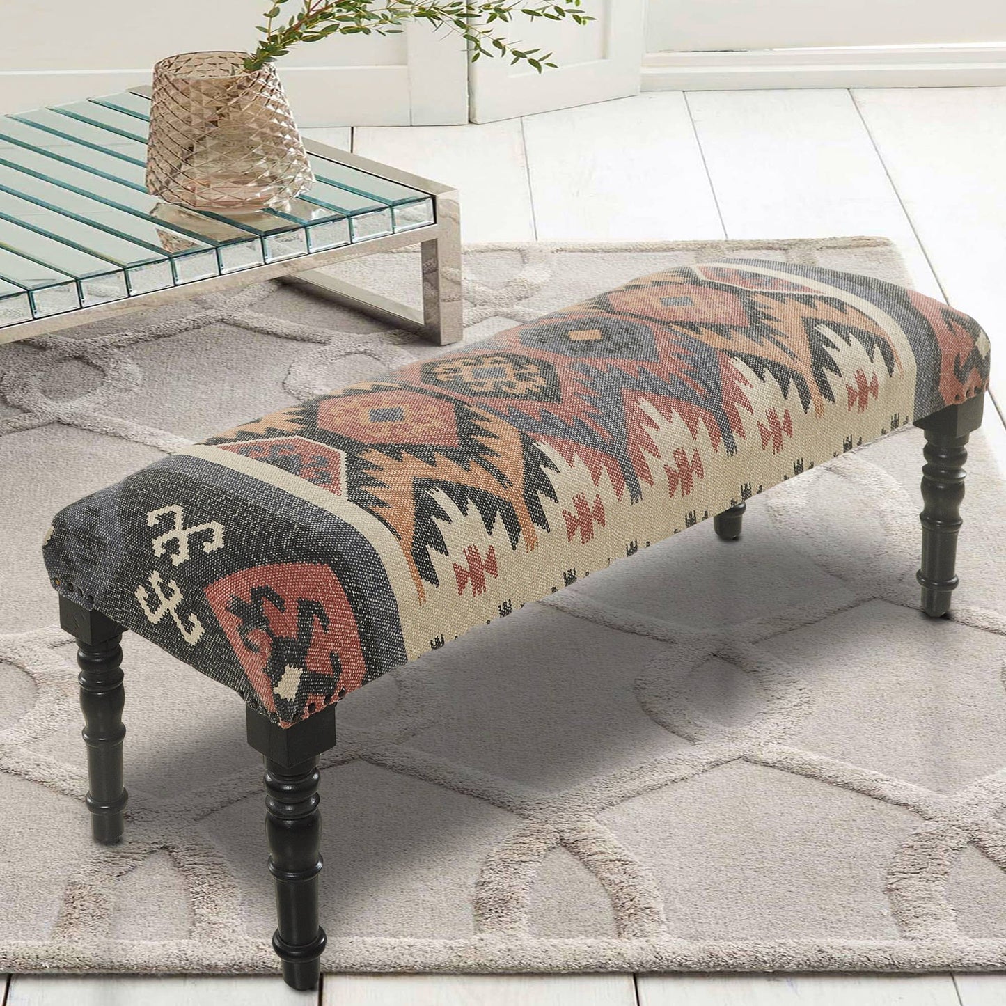 LR Home - Handmade Natural Southwestern Upholstery Bench: Multi